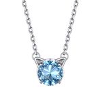 Blue Cubic Zirconia Pendant Necklace Simple 925 Silver Chain March Birthstone Womens Cute Cat Necklace