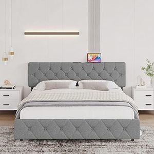 KIETLER Queen Size Bed Frame with USB Ports，Upholstered Platform with Adjustable Headboard, Strong Frame and Wooden Slats Support, Linen Fabric Wrap No Box Spring Needed, Easy Assembly, Light Gray