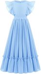 Flower Girl Flowy Ruffle Chiffon Trim A-Line Dress for Kid Wedding Junior Bridesmaid Communion Party Pageant Maxi Belted Gown, Light Blue, 6-7 Years