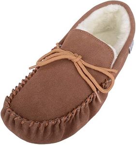 SNUGRUGS Mens Suede Moccasin Slippers with Wool Lining and Suede Sole, Light Brown, 9 UK