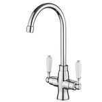 Heable Kitchen Sink Mixer Tap Elegant White Ceramic Dual Lever Monobloc Swivel Spout Chrome Kitchen Taps with UK Standard Fittings