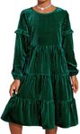 Arshiner Girls Dresses Winter Velvet Twirl Tiered Long Sleeve Midi Birthday Christmas Green Dress for Kids 8-9 Years