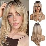 OUFEI 20 Inches Long Straight Blonde Layered Synthetic Hair Wigs for Women with Dark Roots for Daily Party Use