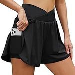 Arcweg Women's Running Shorts High Waisted Gym Shorts 2 in 1 Running Shorts for Women Double Layer Sports Shorts Quick Dry with Phone Pocket Black L(UK)