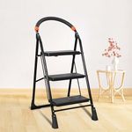 TNT THE NEXT TREND Carbon Steel Cameo 3 Step Heavy Duty Foldable Step Ladder With Anti-Skid Shoes And Extra Strong Wide Steps (Black)