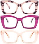 REAVEE 3 Pack Oversized Square Reading Glasses Oprah Style for Women, Blue Light Blocking Large Frame Computer Designer Fashion Readers with Spring Hinge (Pink Leopard/Purple/Tea,1.5)