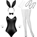 Geyoga Halloween Anime Women Bunny Costume Bunny Outfit Halloween Cosplay Bodysuit Role Costume Bunny Headband Stocking Set(X-Small,White and Black)