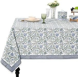 Ridhi Columbia Blue Hand Block Print Cotton Rectangle Tablecloth 190" x 72" inches Reusable Table Cover Decorative Everyday Use for Dining Room, Farmhouse, Home Gift for Spring, Mother's Day