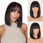 FESHFEN Short Black Brown Bob Wig with Fringe for Women Medium Length Synthetic Wigs with Bangs Straight Hair Wigs for Cosplay Costume Party Daily 14 inch