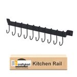 CRAFTYKART Wall Mounted Wrought Iron Hanging Utensil Holder Rack Utensil Holder, Kitchen Rail with 10 S Hooks, Kitchen Pots Pans Organizer Hanger, with Black 17 Inch for Coffee Mug Rack Cup