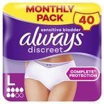 Always Discreet Incontinence Pants Women Large, UK Size 16-22, White, Absorbency 5, 40 Disposable Underwear , Knickers (10 x 4 Packs), Heavy Bladder Leak Protection , Maternity Postpartum Pants