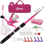Lanaak Kids Fishing Pole and Tackle Box - with Net, Travel Bag, Reel and Beginner’s Guide - Rod and Reel Kit for Boys, Girls, or Youth (Pink - Open Reel)