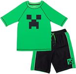 Minecraft Creeper Little Boys Rash Guard and Swim Trunks Outfit Set green/black 5-6