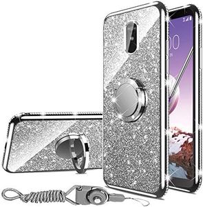 LG Stylo 4 Case, Q Stylo/Stylus 4/Stylo 4 Plus (Q710) Case, Glitter Luxury Bling Diamond Rhinestone with Ring Grip Kickstand Protective Thin Girly Cute LG Stylo 4 Case for Women Girl (Silver)