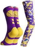 Forever Fanatics Youth Boys Basketball Socks Sports Athletic Crew Socks with Basketball Arm Sleeve - Made in USA (Ball Purple/Gold, Kids (US 12Y-5))