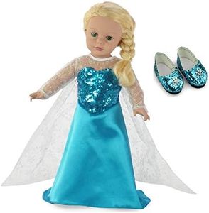 Fits 18" American Girl Dolls | Princess Elsa Frozen Inspired Doll Dress and Sparkly Snowflake Doll Shoes! | 18 Inch Doll Clothes Outfit Costume Gown