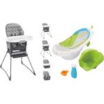 Fisher-Price Baby to Toddler Deluxe High Chair and Portable Booster Seat with Tray Liner plus Washable Seat Pad and Tray & Baby to Toddler Bath 4-In-1 Sling ‘N Seat Tub with Infant Support and 2 Toys