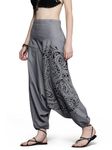 The Veshti Company High Waist Low Crotch Printed Cotton Yoga Harem Pants for Women's, Hippie Style Baggy Palazzo Pant, Quantum Shadows Grey-Black, XL