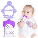 Vicloon Baby Teething Set,2Pcs Teething Mittens for Baby,Includes Baby Chew Toy and Teething Glove, Silicone Mitten Teether Glove,Infant Soothing Pain Relief Mitt Baby Teether Mits for Baby (Purple)