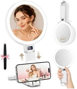 MIYADIVA Upgraded Gen 2 Travel Makeup Mirror with Lights, Height Adjustable 30X/1X Magnifying Mirror, Portable Foldable Mirror with Digital Display & Phone Holder, Handheld Tabletop Hanging