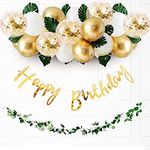 Party Propz Golden Birthday Decoration Items - 36 Pcs Happy Birthday Decoration Kit With Golden Balloons & Artificial Leaves | Golden Confetti Balloons for Birthday | Happy Birthday Banner (Cardstock)