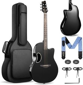 CAHAYA Acoustic Electric Guitar Kit - 41” Carbon Fiber Durable Beginner Adult Acoustic Guitar Set with Thick Padded Guitar Bag Adjustable Denim Strap Safety Lock (Black)