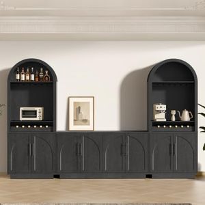 Arden Collection 3-Piece Home Bar Cabinet Set, Arched Sideboard and Tall Pantry Cabinets with LED Lighting, Charging Station, Wine Rack and Adjustable Shelves for Dining Room, Kitchen,Black Grey