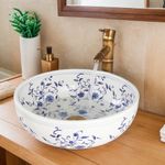 LONUEBU 16 Inch Bathroom Sink, Blue and White Porcelain Art Ceramic Round Bowl Sink Above Counter Vessel Sink with Bamboo Faucet and Pop-up Drain Combo