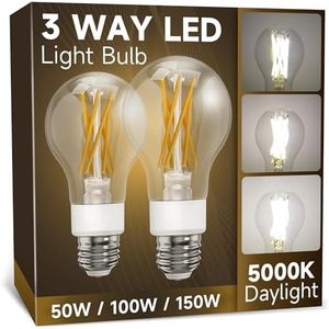 UNILAMP 3 Way Light Bulbs 50 100 150w Equivalent, Daylight White 5000K, E26 LED Filament Light Bulbs, Three Way A19 LED Light Bulb with 90+ CRI, Bright White Light Bulbs, Classic Clear Glass, 2 Pack