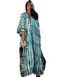 PHLCEhot Women Long Tunic Dress Kaftan Maxi Dress Batwing 3/4 Sleeve Plus Size Summer Dress (tie dye Blue 062, One Size)