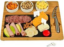 Picnic at Ascot Bamboo & Slate Cheese Board, 3 Ceramic Bowls & Cheese Knife & Cheese Markers - 15" x 13" - Designed & Quality Checked in The USA