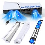FASTSNAIL Horizontal Stand & Cooling Fan for PS5 Slim/Pro, Controller Charger Station with 4 USB Hub, Separate Silent 3 High-Speed Fan with USB 3.0 Port (Black/White)
