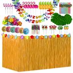 156pcs Hawaiian Tropical Party Decoration Set,Hawaiian Grass Table Skirt Hawaii Garland Palm Leaves Colored Umbrellas 3D Fruit Straws Suitable for Jungle Garden Beach Summer Party (Straw color)