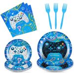 WERNNSAI Video Game Party Plates Napkins Set - 64PCS Gaming Birthday Party Tableware Supplies for Kids Boys Disposable Dessert Paper Plates Napkins Forks Game Party Decorations Serves 16 Guests