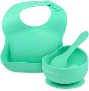 MunchyTime Baby Led Weaning Utensils | Silicon Baby Bibs Toddler | Silicone Baby Feeding Set with Suction Bowl, Baby Bibs, Baby Spoon | Green