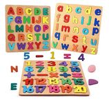 Colorful Wooden Puzzle 3 Set Capital Alphabets (ABCD), Numbers (1234) & Small Alphabet (ABCD) Learning Educational Board for Kids