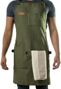 Asaya Chef & BBQ Apron with Pockets - Cross Back Canvas Cooking Apron for Women and Men, Adjustable Work & Grilling Aprons with Pocket, Bottle Opener and Hand Towel, 10oz Cotton Canvas (Green)