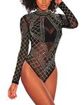 SEBOWEL Women Sexy Sheer Mesh Bodysuit Rhinestone See Through Long Sleeve Leotard Jumpsuit Tops Bodycon Blouse T Shirt (S, Black)