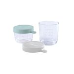 Beaba - Set of 2 Glass Conservation Jars - Airtight Baby Food Storage Container with Graduation Measuring Scale - Heat and Thermal Shock Resistant - 150 ml + 250 ml - Lairy Green/Light Mist