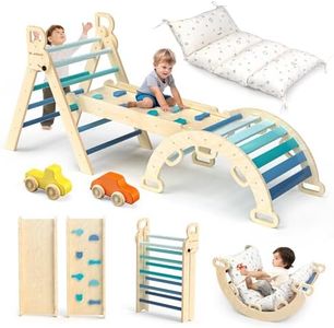 BlueWood Pikler Triangle Set with Cushion - Climbing Toys for Toddlers 9-in-1, Montessori Philosophy Play Jungle Gym with Arch, Ramp, Ladder (Blue)
