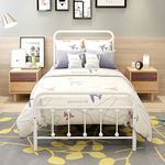 Twin Bed Frames with Vintage Headboard and Footboard Sturdy Metal Platform Frame Premium Steel Slat Support Assemble Bed Frame Assemble Easily Mattress on Top Basicse,White