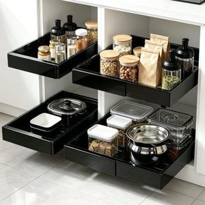 DEKAVA 4 Pack Pull Out Cabinet Organizer Expandable, Adhesive with Nano Film, Pull Out Drawers for Cabinets in Kitchen, Pantry or Bathroom (Black, 21“DEEPX[12"-20'']Width-4PACK)