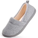 Women's Comfort Cotton Knit Memory Foam House Shoes Light Weight Terry Cloth Loafer Slippers w/Anti-Skid Rubber Sole (8 M US, Light Gray)