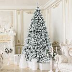 COSTWAY 9 FT Pre-Lit Christmas Tree, Snow Flocked Hinged Xmas Tree with 1498 Branches Tips & 550 LED Lights, Metal Stand, Artificial Pine Lighted Holiday Tree for Home Office Decorations