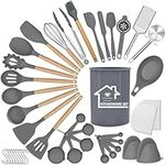 UXIYI Silicone Kitchen Utensils Set, 43pcs Silicone Kitchen Cooking Utensil Set, Kitchen Tools Spatula Set with Holder for Cooking Nonstick,Grey