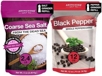 Aromasong Organic Coarse Sea Salt (2.43 LB.) with Black Peppercorn (12 OZ) Grinder, Mill Refill Combo Set for Cooking & Baking - Bulk Resealable Bag