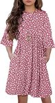 HOSIKA Girls Midi Dress Floral 3/4 Sleeve Ruffle A-line Swing Casual Dresses with Pockets for Kids 6-12 Years, Pink-2, 6 Years