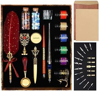 Junhartt Quill Feather Pen and Ink Set, Calligraphy Pen Glass Dip Pen and Wax Seal Stamp Kit (Red)