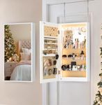 LUXFURNI LED Jewelry Organizer with Mirror, Small Jewelry Cabinet Wall-Mount/Door-Hanging Armoire,Lightweight Jewelry Storage for Bedroom, White (joyce3xw)