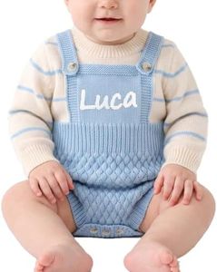 RESOOYO Personalized Knitted Baby Boy Girl Striped Overalls Romper With Name,Custom Baby Gifts-Blue-3-6M